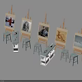 Artistic Display Of Musical Instruments And Art Supplies With Easels Canvases Stools And Paintings