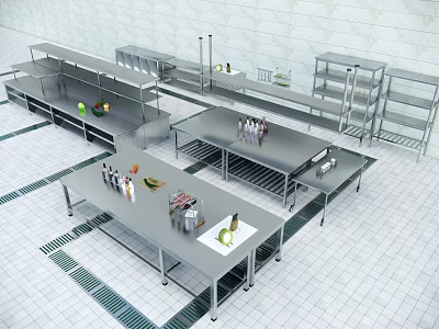Professional Commercial Kitchen With Stainless Steel Worktables Shelves And Appliances 3d model