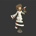 Animated Brown Curly Hair Character In White Outfit With Red Stripes Holding Ribbons Standing Pose