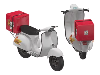 White Scooter With Red Pizza Delivery Box For Food Delivery Service 3d model