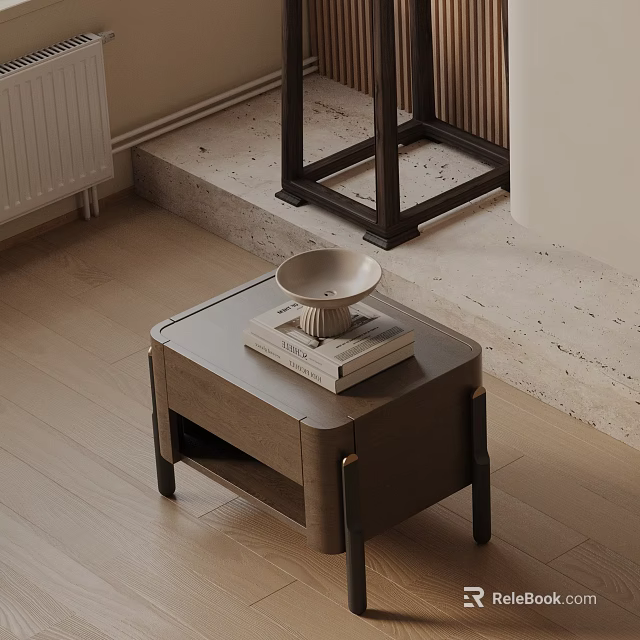 Modern Wooden Bedside Table With Stacked Books And Ceramic Bowl In Minimalist Bedroom Interior 3d model 