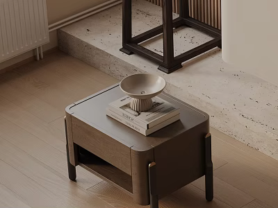 Modern Wooden Bedside Table With Stacked Books And Ceramic Bowl In Minimalist Bedroom Interior 3d model