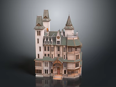 European Style Mansion Featuring Spire Towers Multiple Floors And Wooden Details 3d model