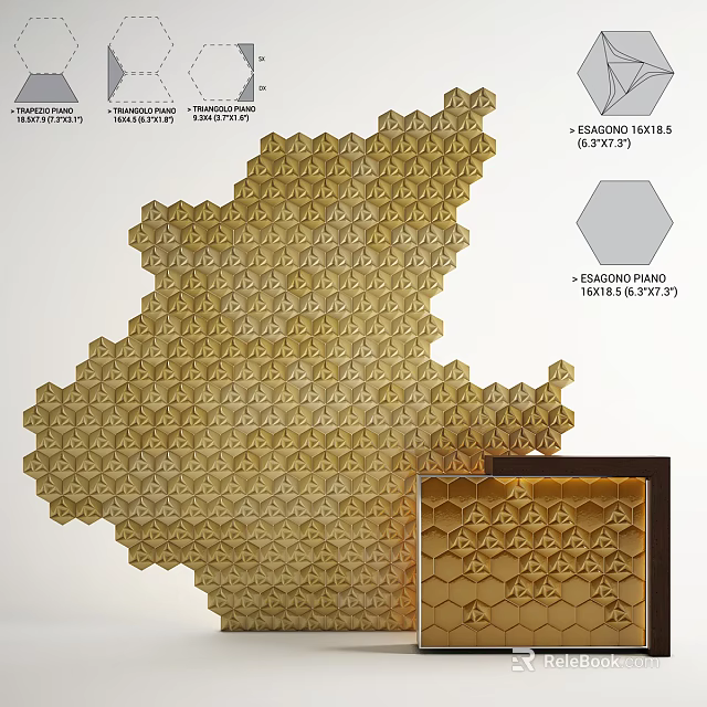 Gold Hexagonal Honeycomb Pattern Wall Design With Decorative Tiles And Textured Surface 3d model