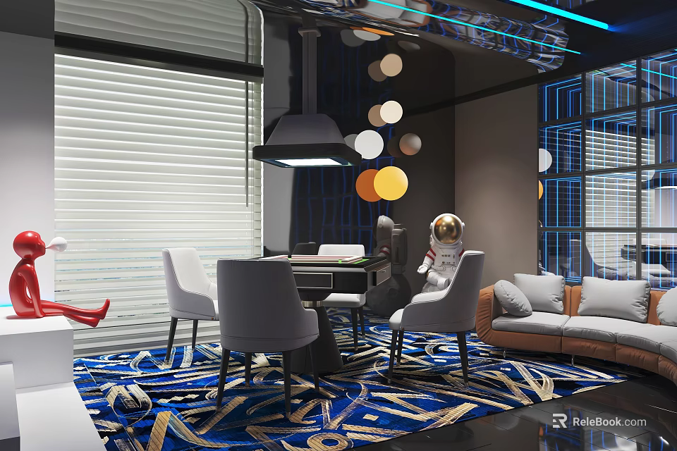 Modern Hotel Mahjong Room Interior Design With Comfortable Chairs Sofa Decorative Lights And Patterned Rug 3d model 