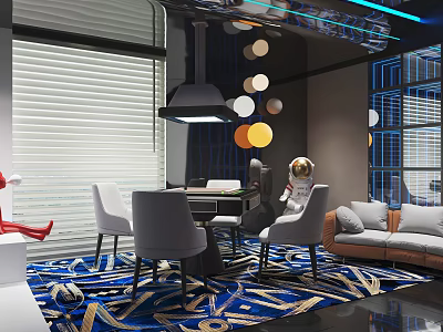Modern Hotel Mahjong Room Interior Design With Comfortable Chairs Sofa Decorative Lights And Patterned Rug 3d model
