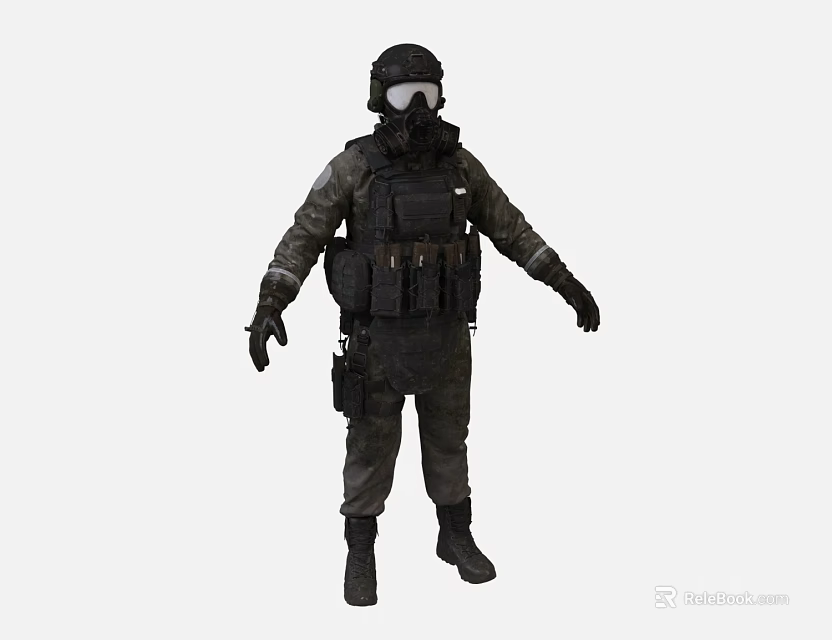 Man In Full Tactical Gear With Helmet Gas Mask And Protective Vest 3d model 