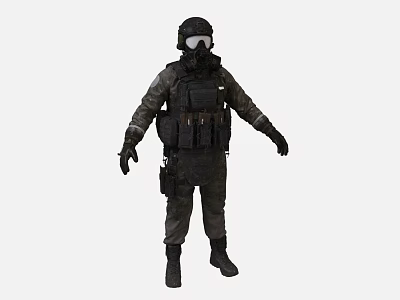 Man In Full Tactical Gear With Helmet Gas Mask And Protective Vest 3d model