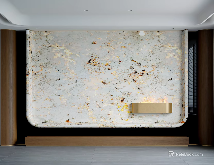 Modern Luxury TV Wall with White Marble Texture Gold Brown Specks and Wooden Side Panels 3d model 