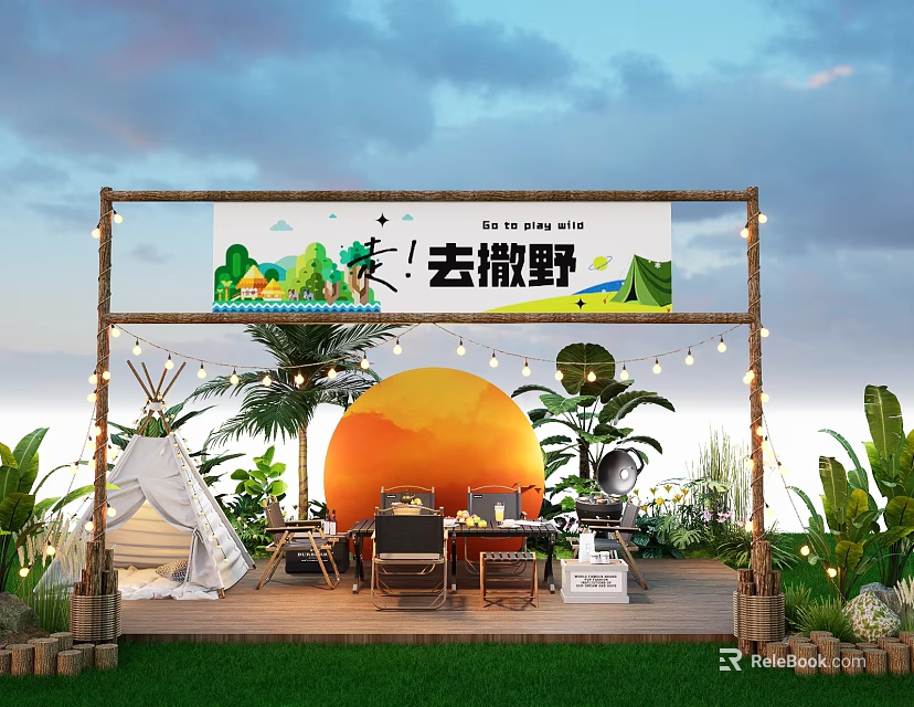 Outdoor Camping Setup With Tepee Tent Palm Trees Sunset And String Lights 3d model 