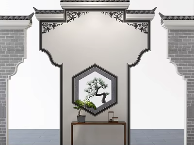 Chinese Style Background Wall Featuring Hexagonal Window Pine Tree Decoration Gray Brick Walls And Eaves 3d model
