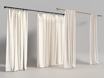 White Fabric Curtains Hanging on Metal Rods with Different Drapery Styles and Designs 3d model