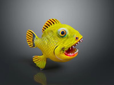 Aquatic Animal Yellow Striped Fish With Large Eyes Open Mouth And Sharp Teeth 3d model