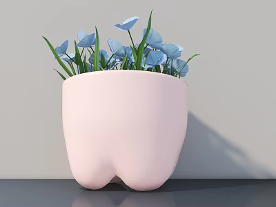 Potted Plant in Pink Unique Shape Pot with Blue Flowers and Green Leaves 3d model