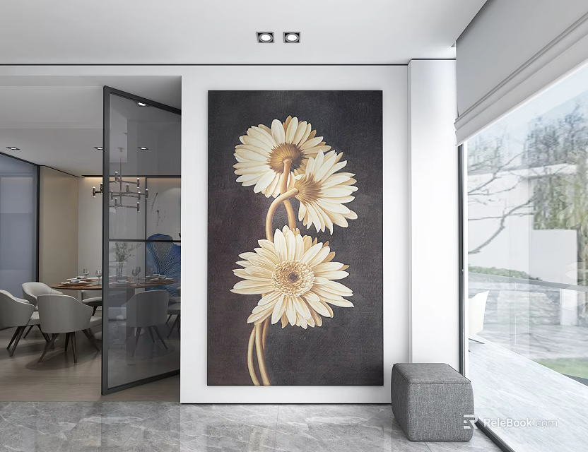 Plant Painting Of Yellow Daisies On Dark Background For Modern Interior Wall Decor 3d model 