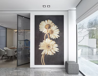 Plant Painting Of Yellow Daisies On Dark Background For Modern Interior Wall Decor 3d model
