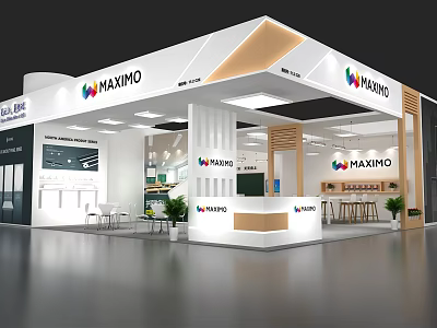 Modern Exhibition Booth Design For MAXIMO With Reception Desk And Green Plants 3d model