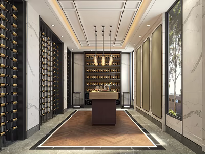 Modern Luxury Wine Cellar Interior with Wooden Wine Racks Hanging Lights and Central Counter 3d model