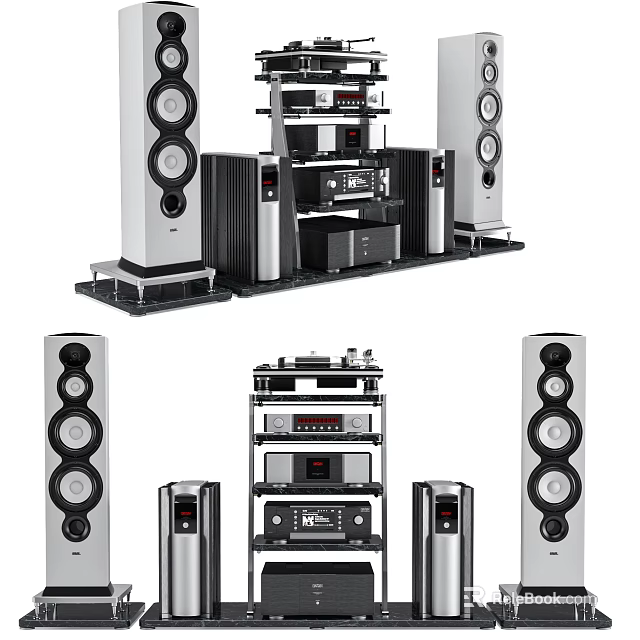 Premium Home Headphone Audio System With Floorstanding Speakers Amplifier And Audio Rack 3d model 