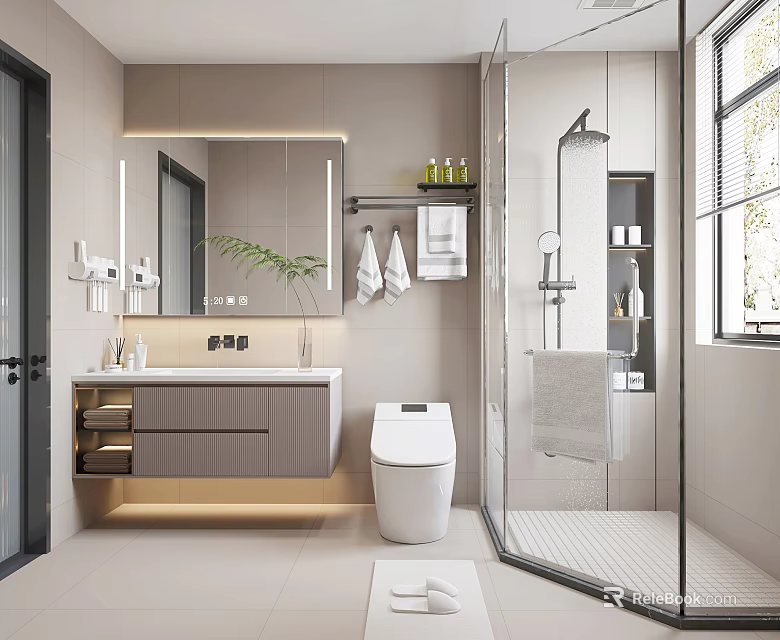 Modern Bathroom Interior With Vanity Mirror Toilet And Glass Shower 3d model 