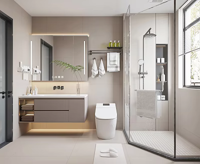 Modern Bathroom Interior With Vanity Mirror Toilet And Glass Shower 3d model