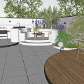 Courtyard Garden With White Tiled Flooring Wooden Deck Wicker Chairs Potted Plants And Ambient Lighting