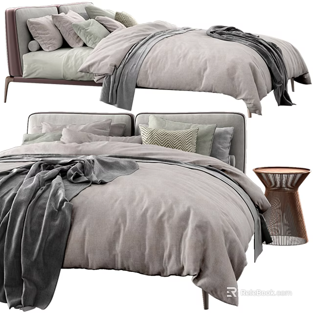 Cozy Double Bed With Soft Beige Bedding Light Gray Pillows Draped Blanket And Upholstered Headboard 3d model 