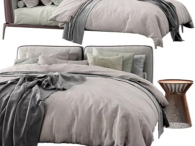 Cozy Double Bed With Soft Beige Bedding Light Gray Pillows Draped Blanket And Upholstered Headboard 3d model