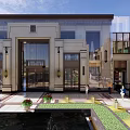 Modern Commercial Street With Pedestrians Shops Glass Storefronts And Decorative Awnings
