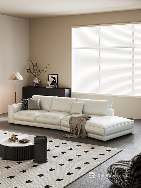 Stylish Minimalist White Leather Sectional Sofa And Coffee Table Combination For Modern Bright Living Room 3d model 