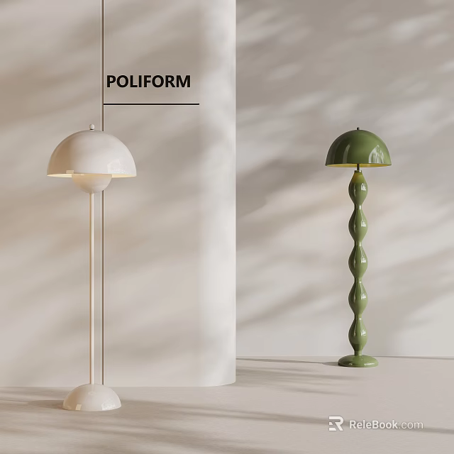 Floor Lamps With White Dome Shade Slim Pole And Green Twisted Pole In Minimalist Interior 3d model 