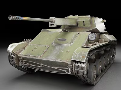 Green Military Tank With Long Cannon And Tracked Wheels On Dark Background 3d model