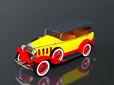 Vintage Convertible Car With Yellow Red Body Black Soft Top And White Wall Red Tires 3d model
