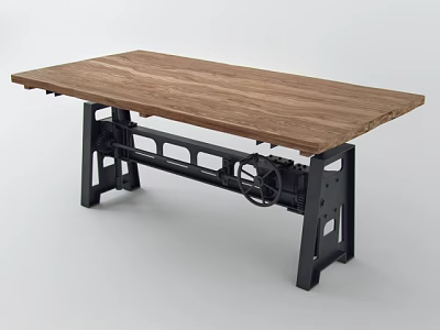 Industrial Style Dining Table With Wooden Tabletop And Black Metal Gear Legs 3d model