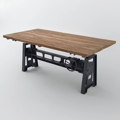 Industrial Style Dining Table With Wooden Tabletop And Black Metal Gear Legs 3d model