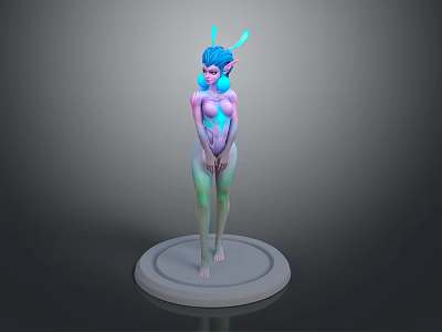 3D Game and Movie Character with Blue Hair Rabbit Ears Gradient Body Standing on Circular Base 3d model