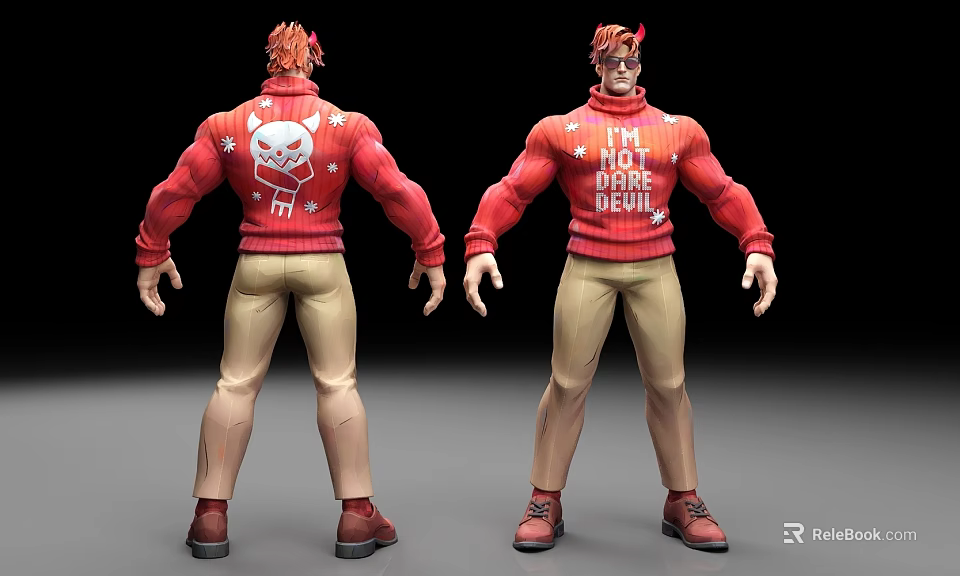Muscular Man Action Figure in Red Sweater Skull Design NOT MORE DEVIL Text Khaki Pants 3d model 