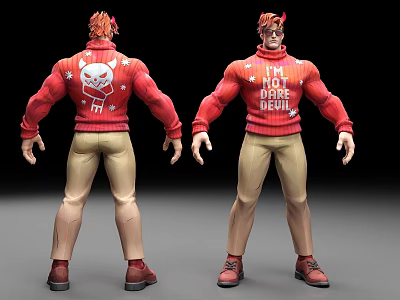 Muscular Man Action Figure in Red Sweater Skull Design NOT MORE DEVIL Text Khaki Pants 3d model
