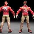 Muscular Man Action Figure in Red Sweater Skull Design NOT MORE DEVIL Text Khaki Pants