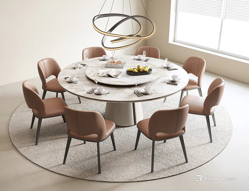 Modern Round Dining Table Set With Beige Chairs Hanging Lamp Tableware And Fruit Platter 3d model 