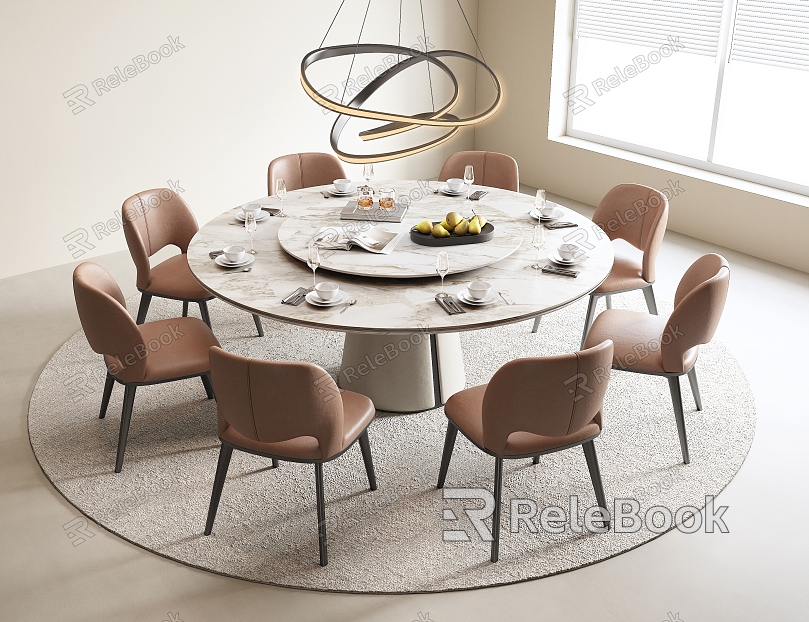 Round Dining Table and Chair Combination Leather Dining Chair Stone Dining Table Jewelry Chandelier Multi-person model