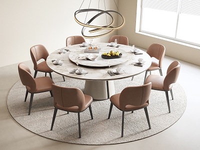 Round Dining Table and Chair Combination Leather Dining Chair Stone Dining Table Jewelry Chandelier Multi-person model