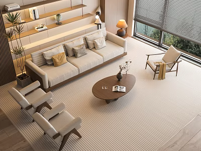 Elegant Modern Living Room Sofa Coffee Table Set With Comfortable Chairs Window View And Rug 3d model