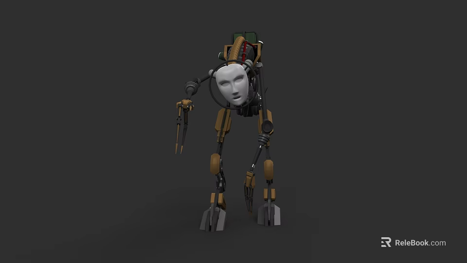 Futuristic Robot Game Movie Character With White Head Mechanical Limbs And Green Brown Equipment 3d model 