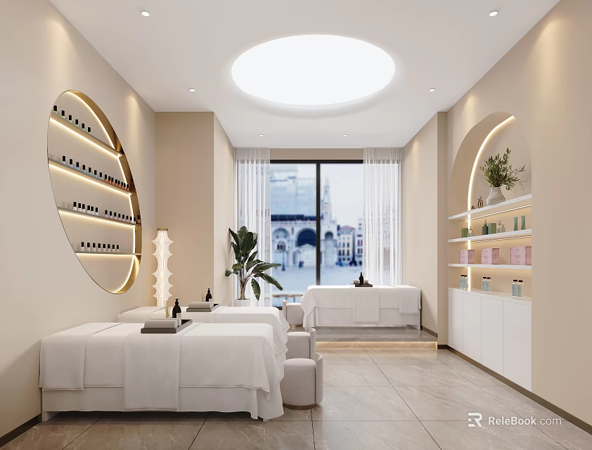 Elegant Modern Beauty Salon Interior Design With Marble Counter And Green Plants 3d model 