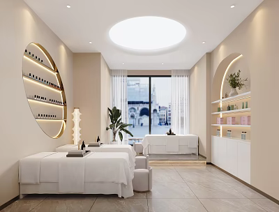 Elegant Modern Beauty Salon Interior Design With Marble Counter And Green Plants 3d model