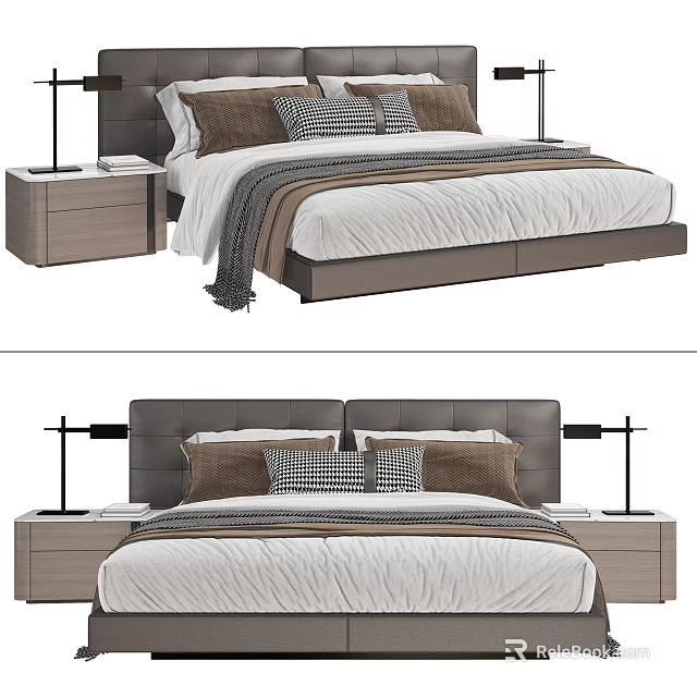 Modern Double Bed With Upholstered Headboard Wooden Nightstands And Plush Checkered Pillows 3d model 