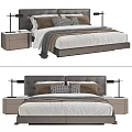 Modern Double Bed With Upholstered Headboard Wooden Nightstands And Plush Checkered Pillows