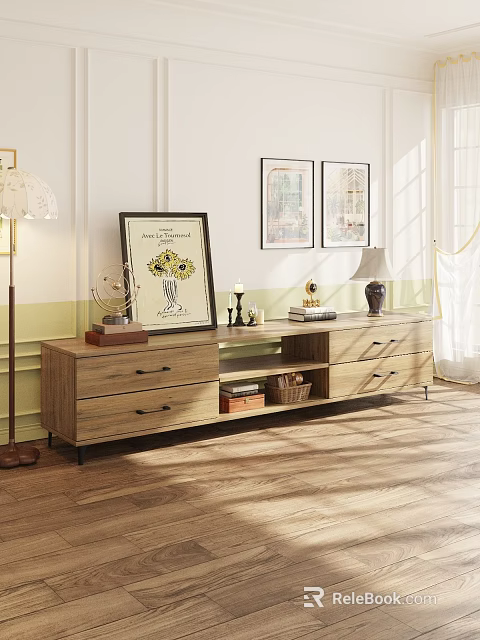 Modern Wooden TV Stand With Drawers Storage Compartments And Decorative Items 3d model 
