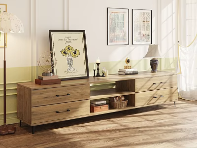 Modern Wooden TV Stand With Drawers Storage Compartments And Decorative Items 3d model